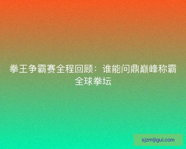 拳王争霸赛全程回顾：谁能问鼎巅峰称霸全球拳坛